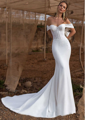 Off Shoulder White Lace Satin Corset Back Wedding Dress